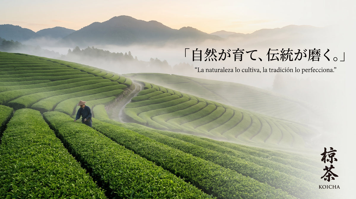 Campo de té matcha en Japón con el Monte Fuji al fondo